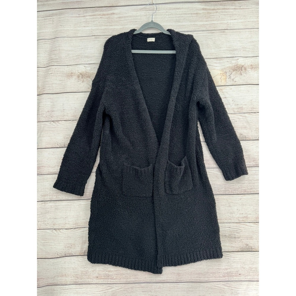 POL Cardigan Women One Size Black Hooded Popcorn Knit Sherpa Longline FSC46